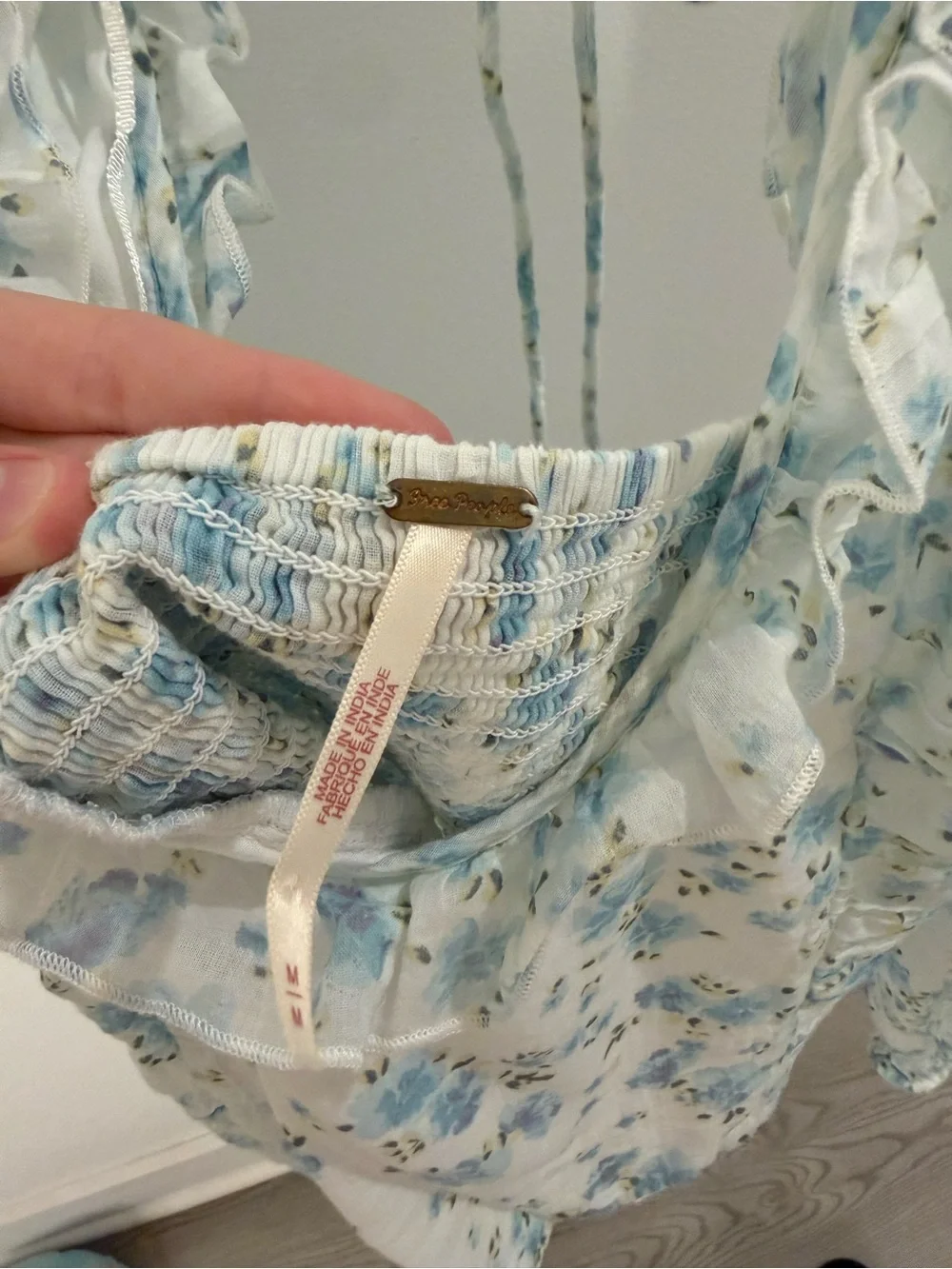 Free People Blue Floral Ruffle Tie-Back Crop Blouse